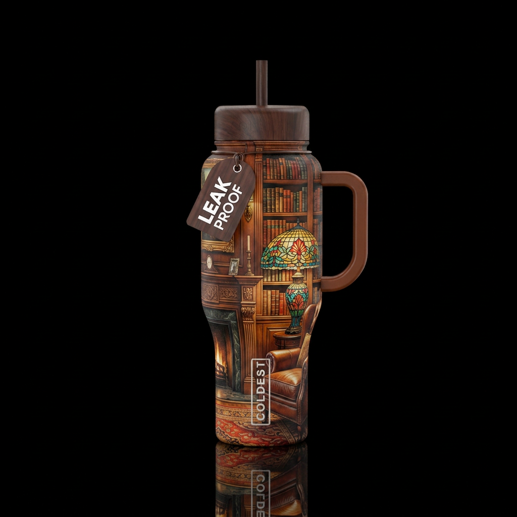 all wood antique library with bookshelves covering... water bottle design
