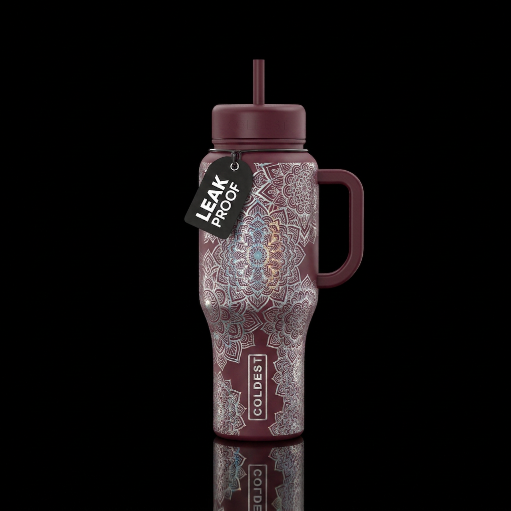 burgundy background with all over design of mandal... water bottle design