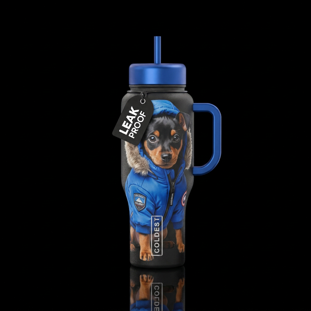 A cute miniature pinscher wearing a bright coldest... water bottle design