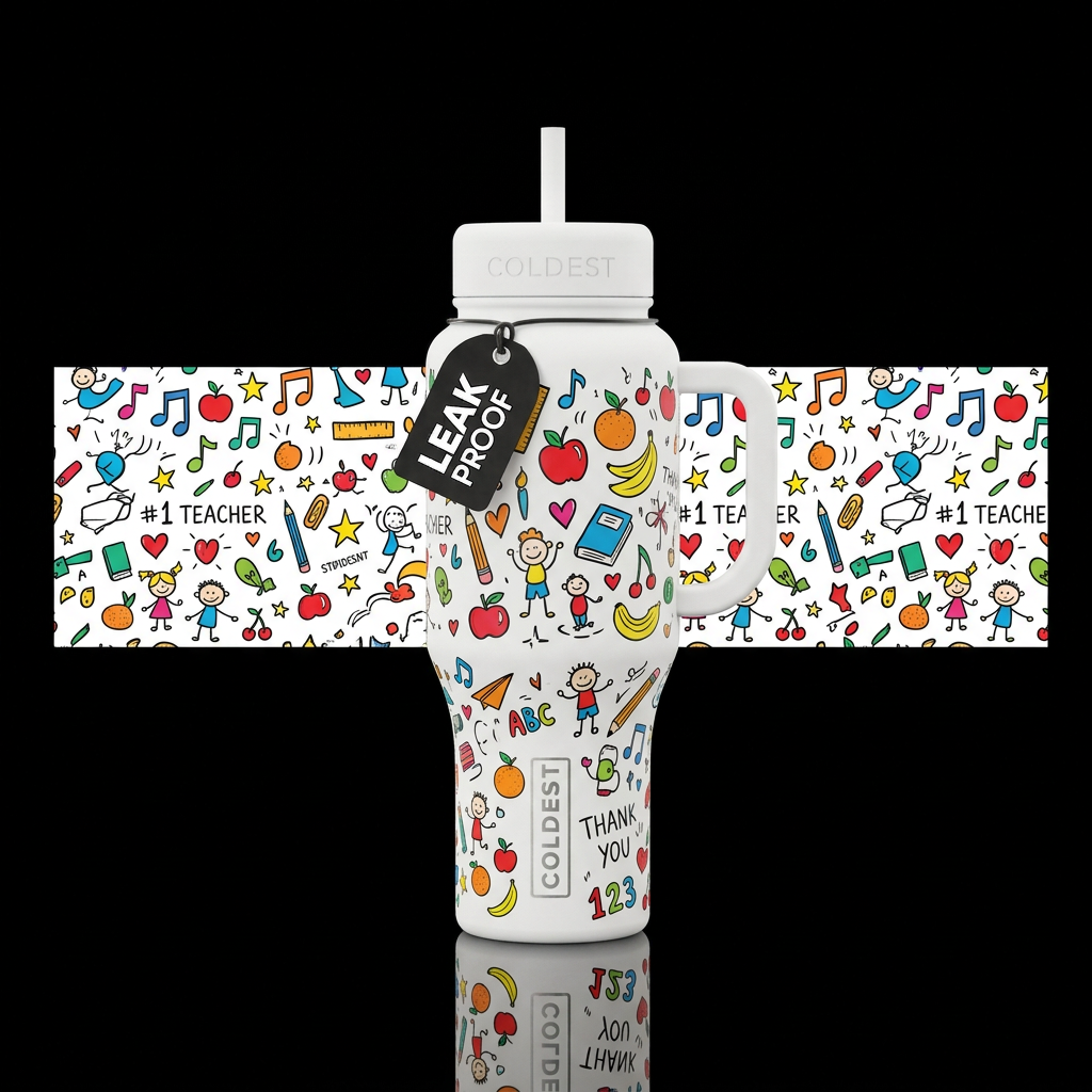 A bottle with lots of fun doodles, music notes, fr... water bottle design