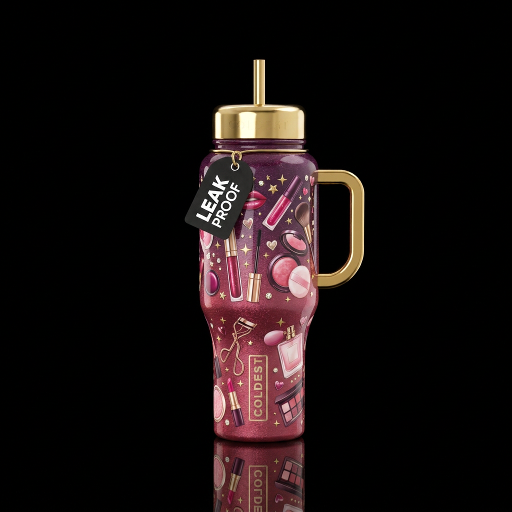 “A luxurious sparkly cranberry-pink and deep plum-... water bottle design