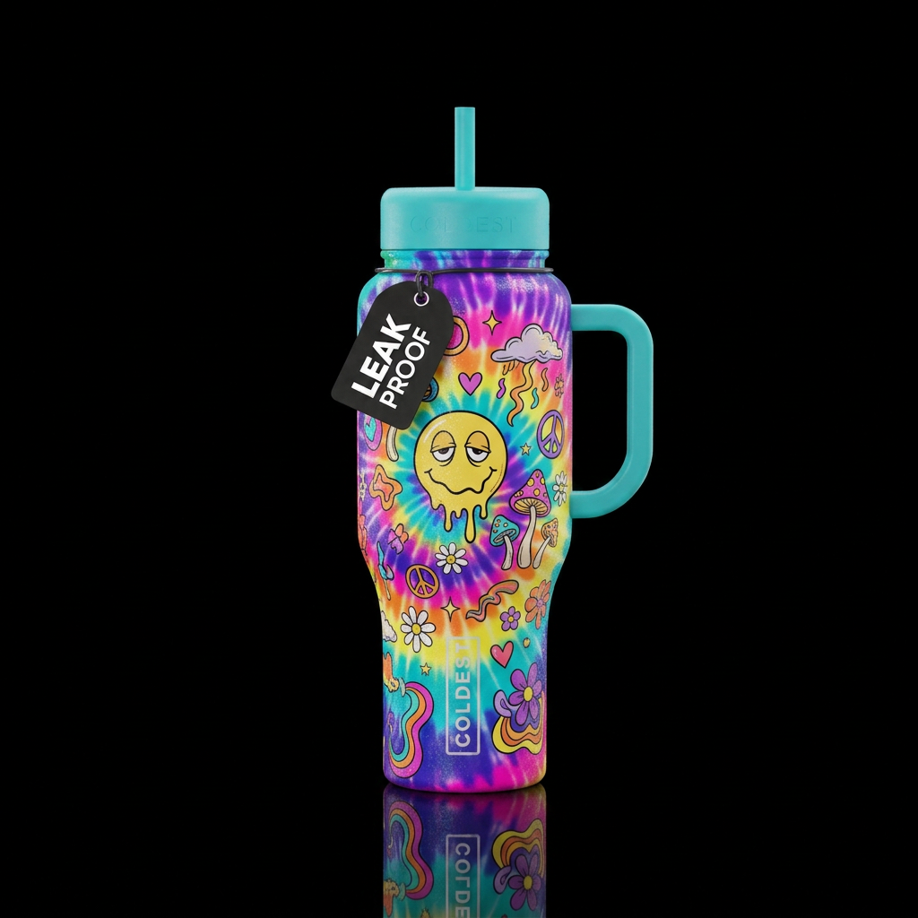 “A vibrant hippie-inspired water bottle covered in... water bottle design