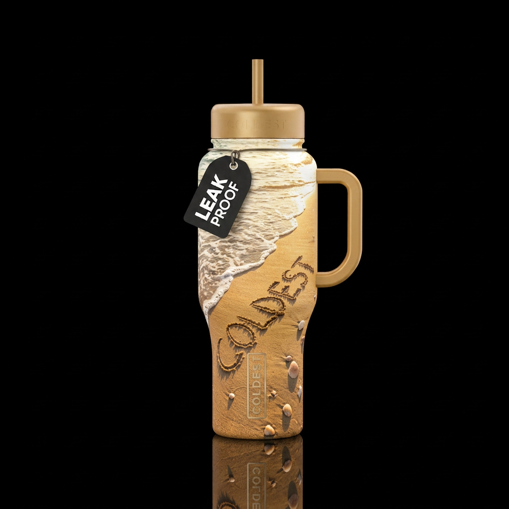 Photorealistic beach scene wrapping around the bot... water bottle design