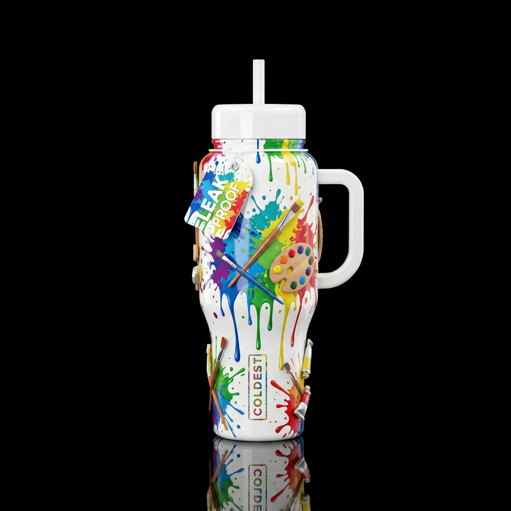 Glossy white water bottle covered in vibrant, real... water bottle design
