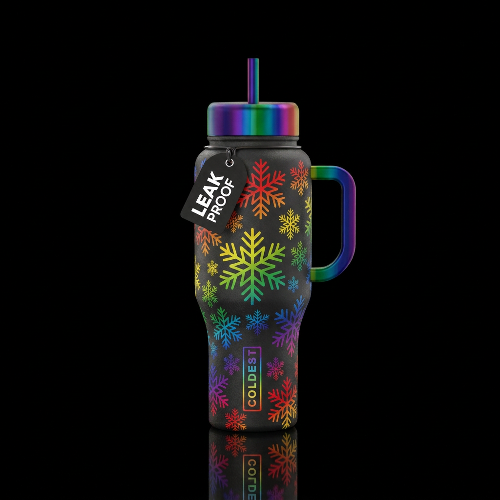 Rainbow snowflakes water bottle design