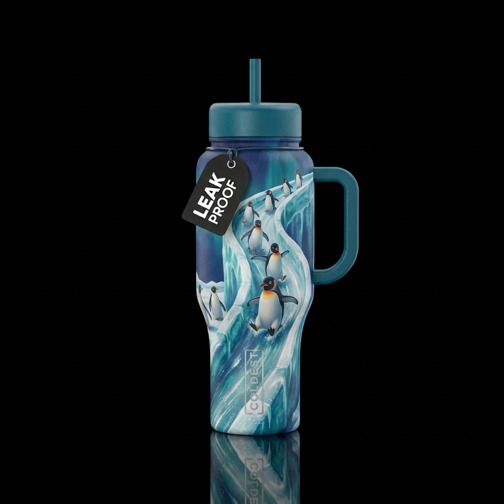 Penguins on an ice slide water bottle design