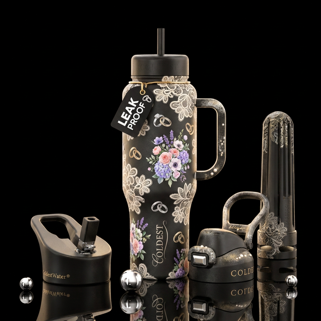 Wedding, lace, rings, flowers, dreamy water bottle design