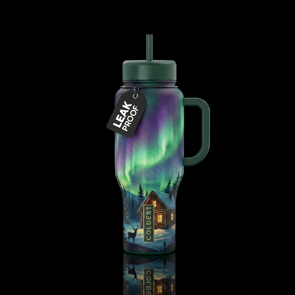 Northern lights with cabin and deer water bottle design