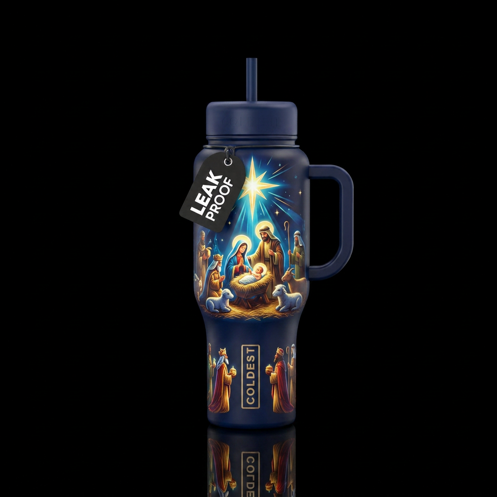 Glowie Northern star nativity scene water bottle design