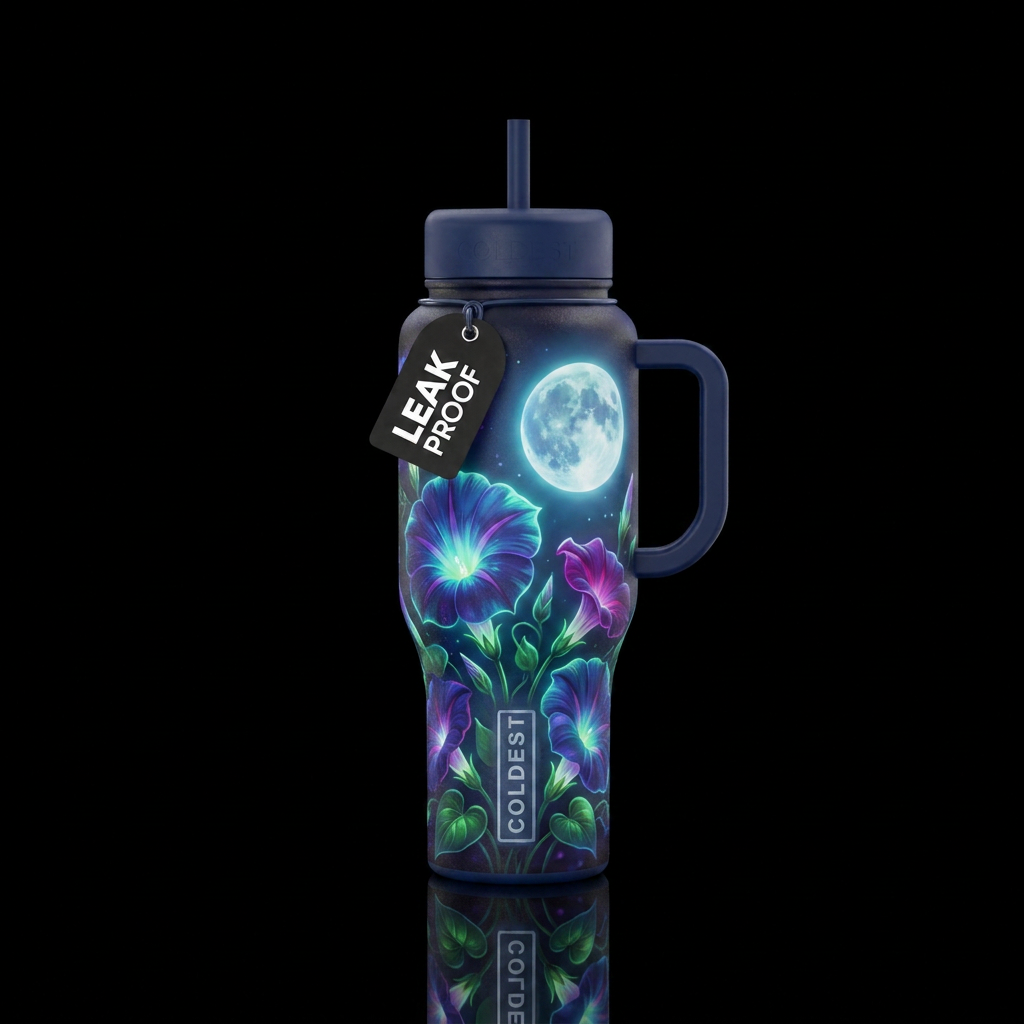 Glowie moonflowers with full moon water bottle design