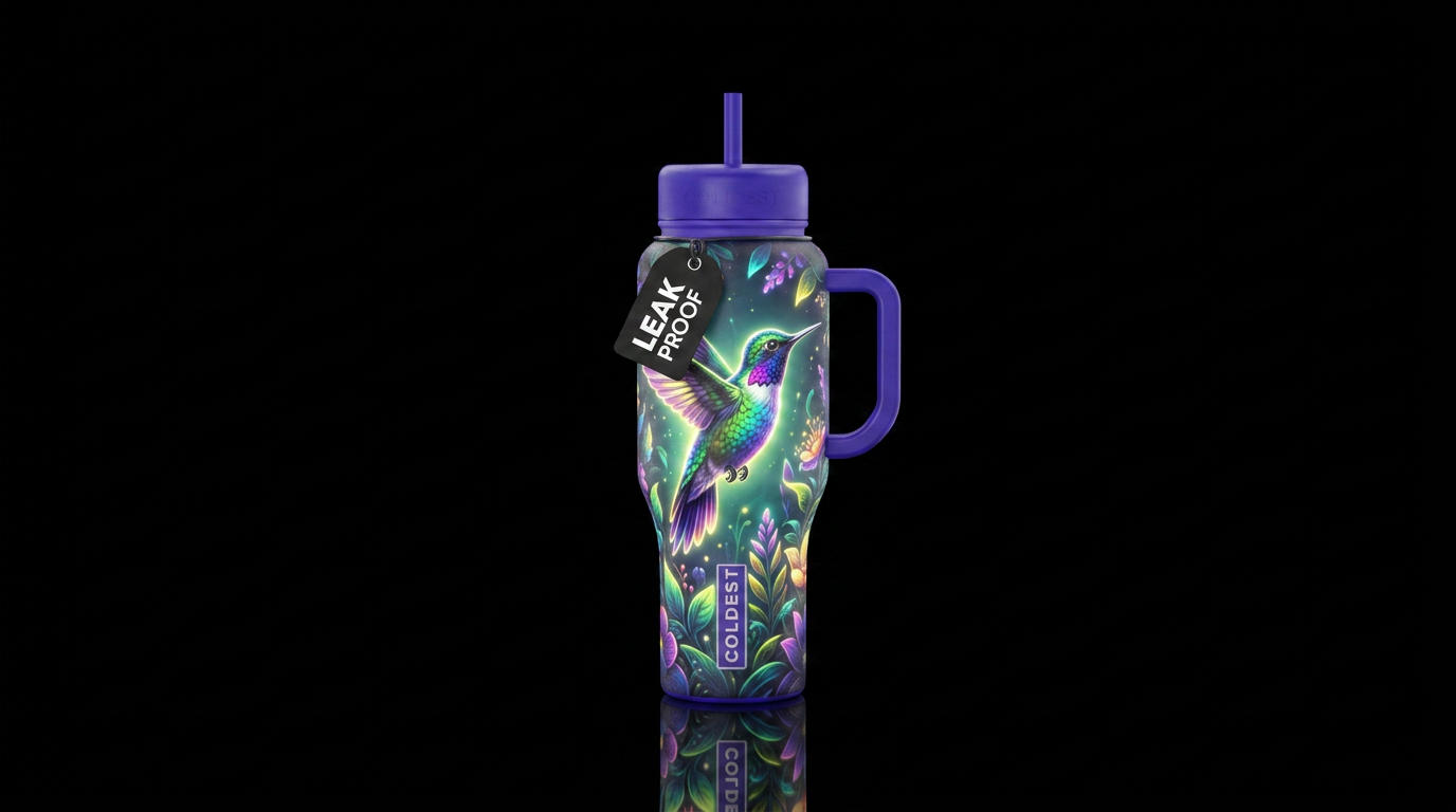 Glowie hummingbird in garden water bottle design