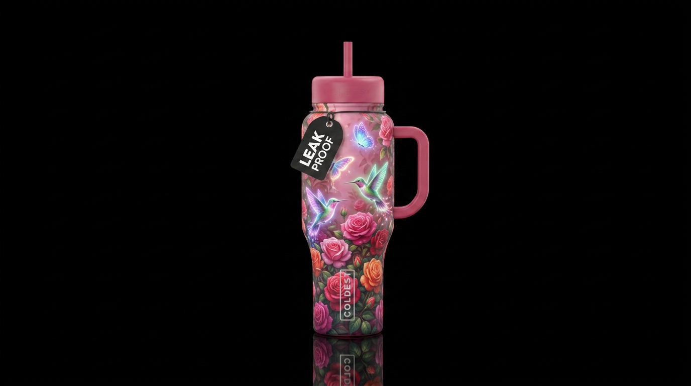 Glowie butterflies and hummingbirds in the rose  g... water bottle design