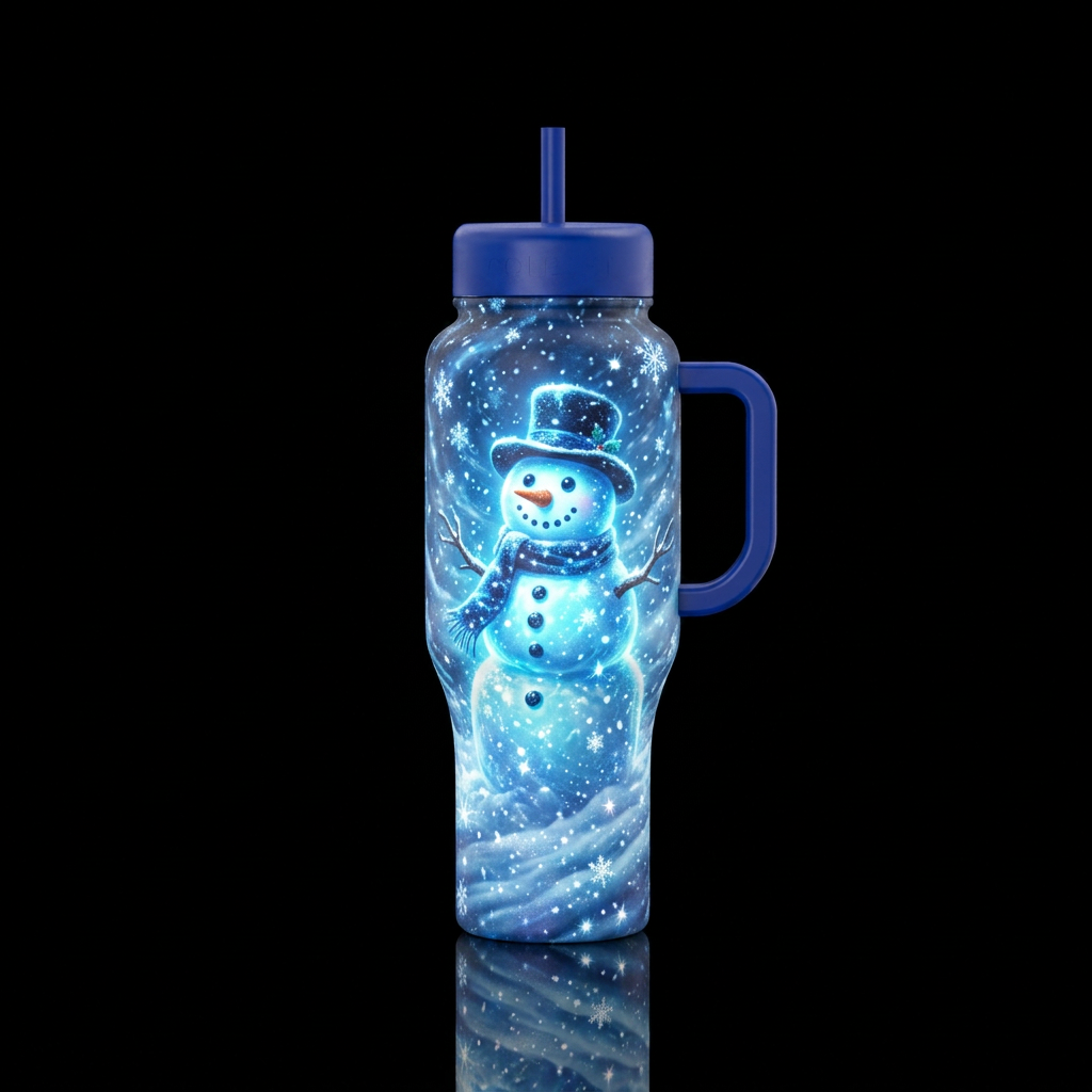 Glowie snowman in snow blizzard water bottle design