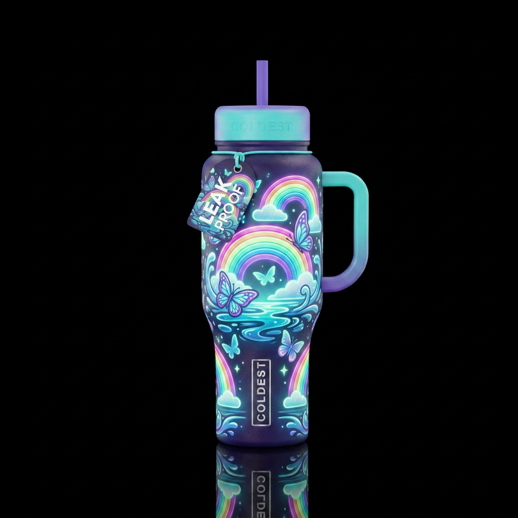 Glowie rainbows and butterflies over water water bottle design