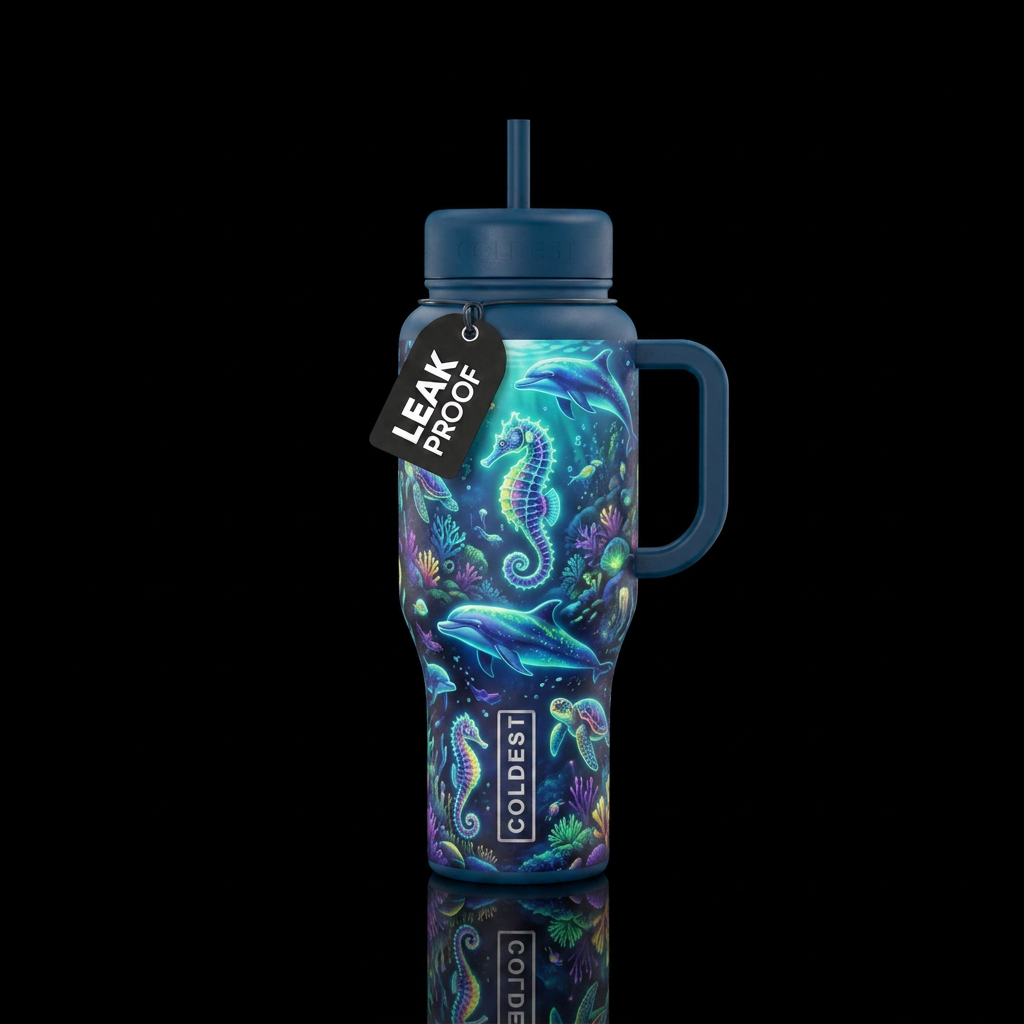 Glowie seahorses with dolphins and turtles water bottle design