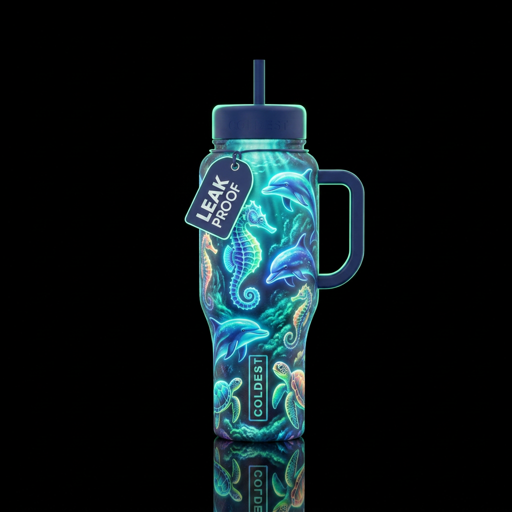 Glowie seahorses with dolphins and turtles water bottle design