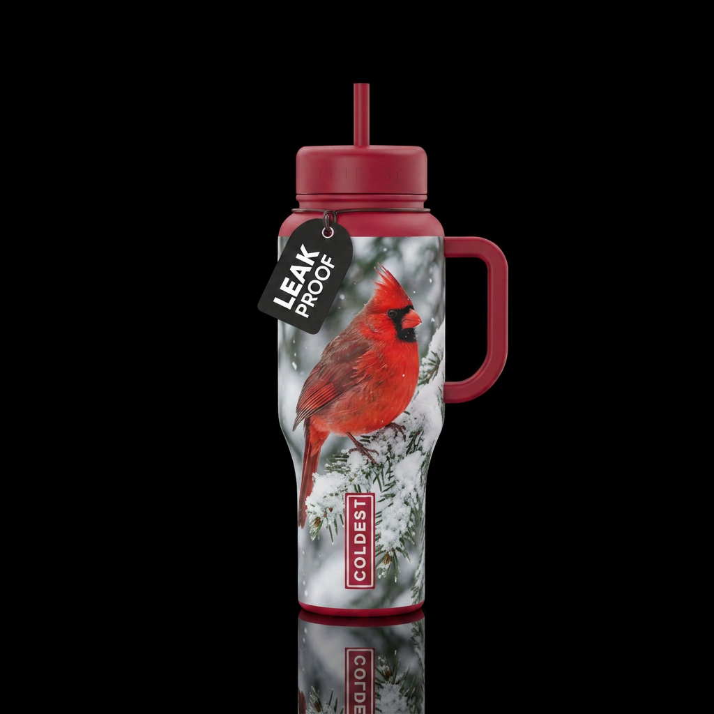 Cardinal in the snow water bottle design