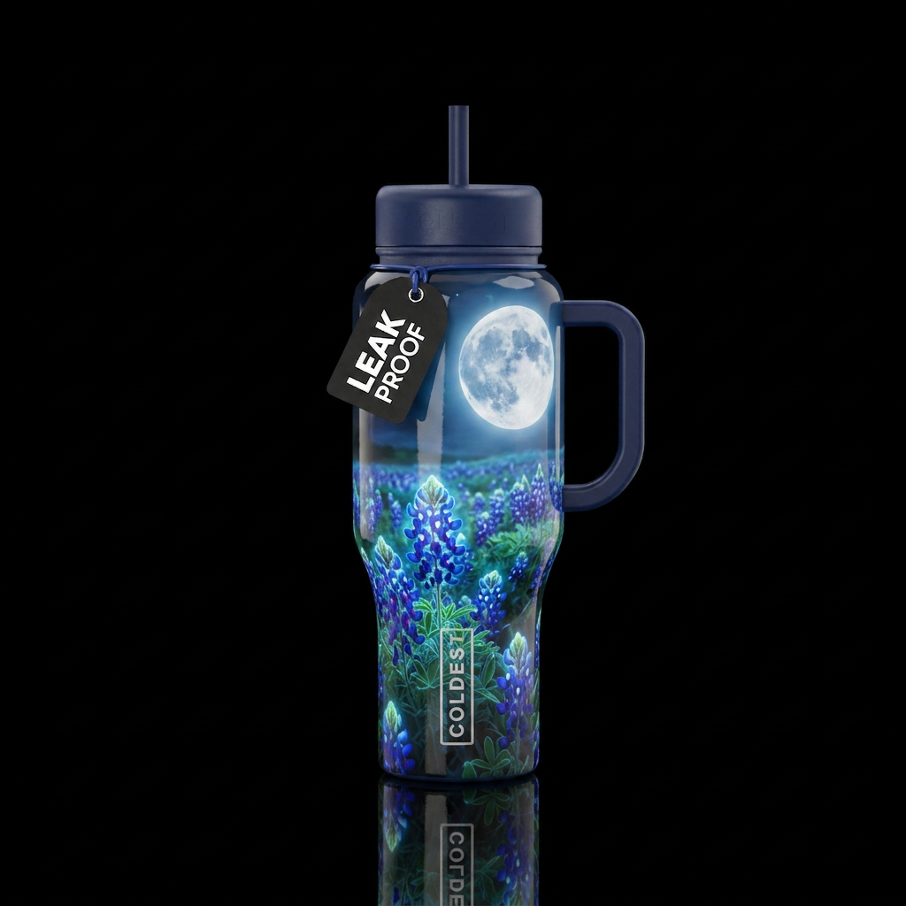 Glowie Texas Bluebonnets with full moon water bottle design