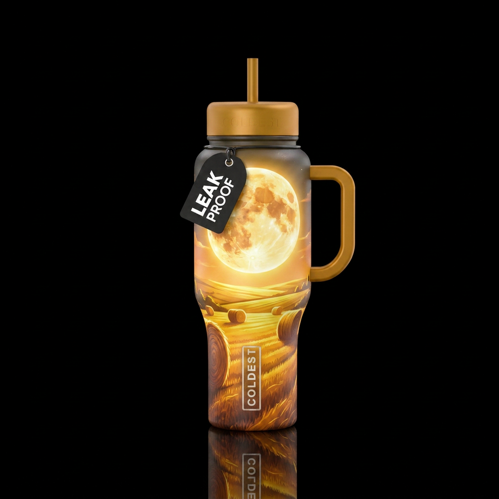 Glowie harvest moon and fields with hay water bottle design