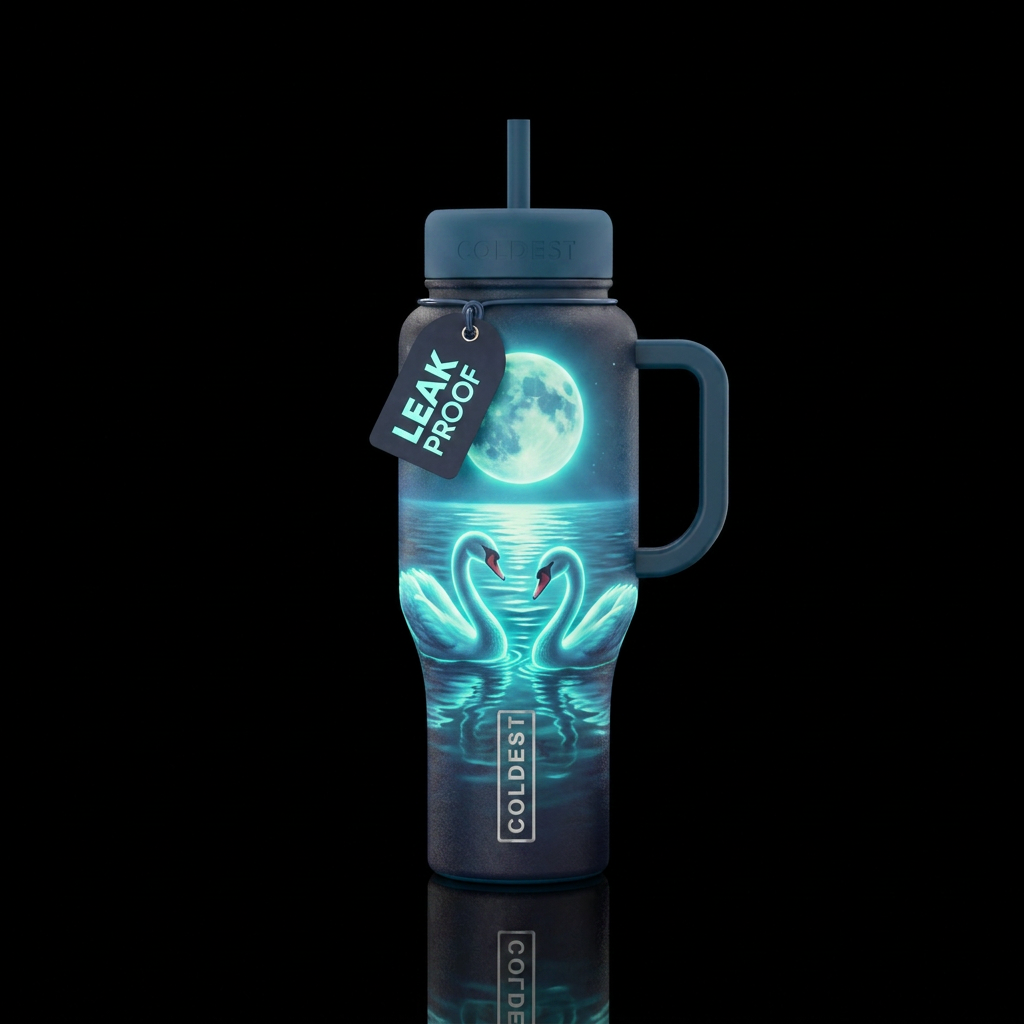 Glowie swans in water with moon water bottle design
