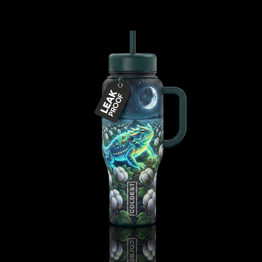 Glowie horntoad in a cotton field in the moonlight water bottle design