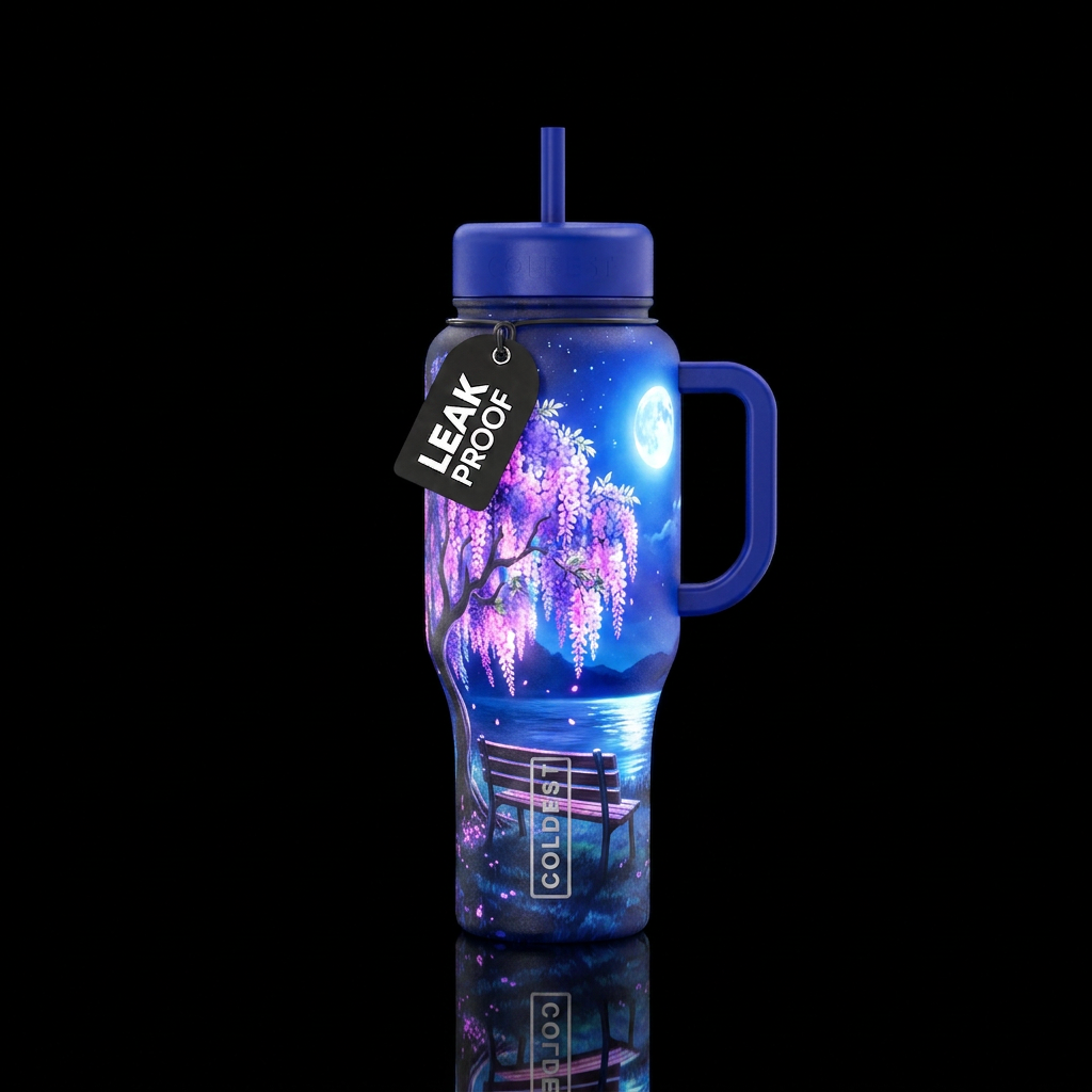 Glowie wisteria tree with a bench next to a lake i... water bottle design
