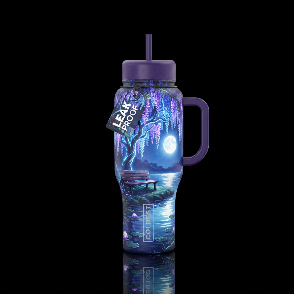 Glowie wisteria tree with a bench next to a lake i... water bottle design
