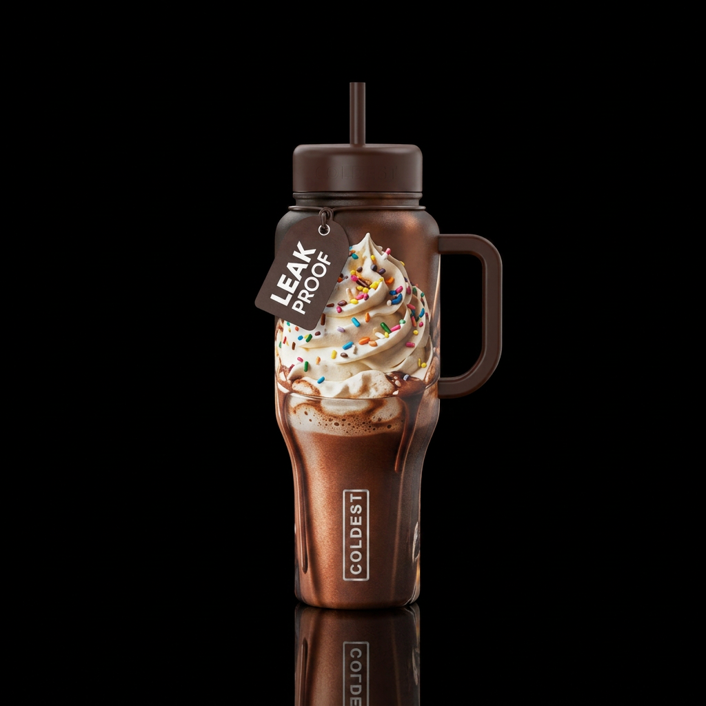 Metallic hot chocolate with cream and sprinkles on... water bottle design