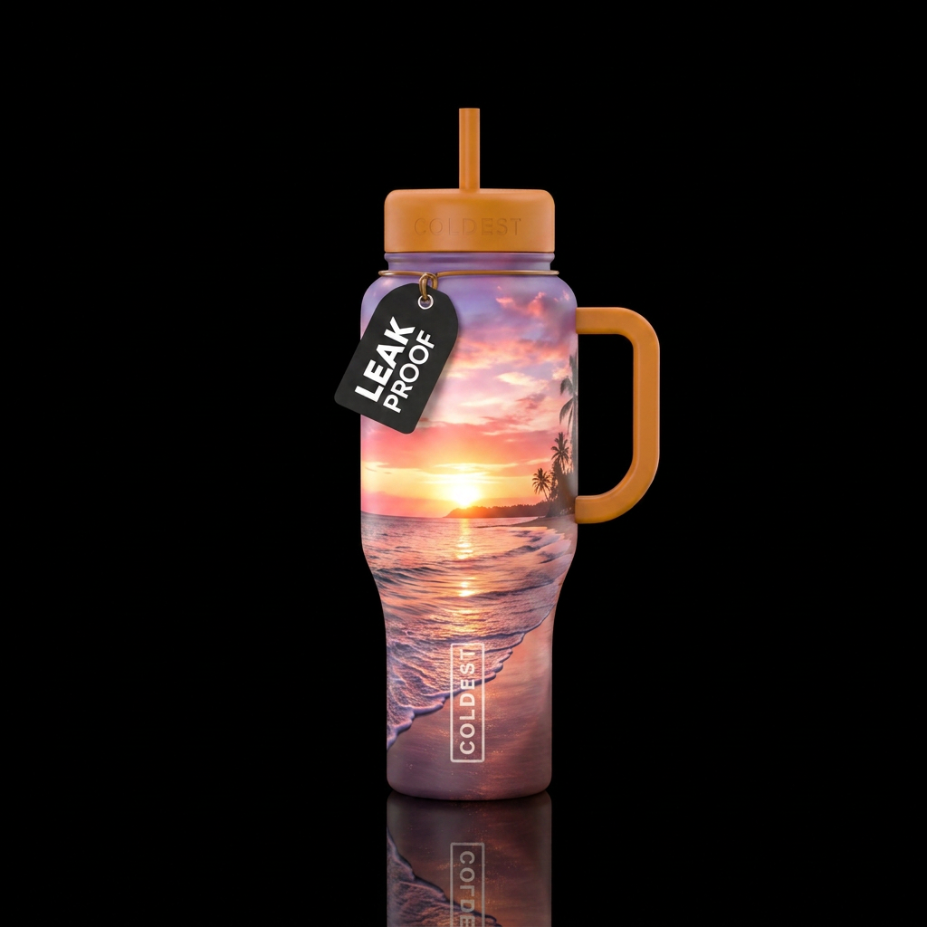 Glowie sunset on the beach water bottle design