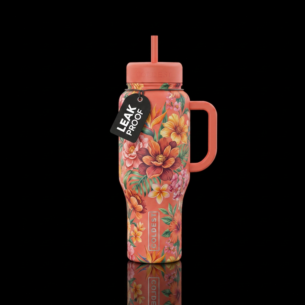 Coral rainbow floral water bottle design