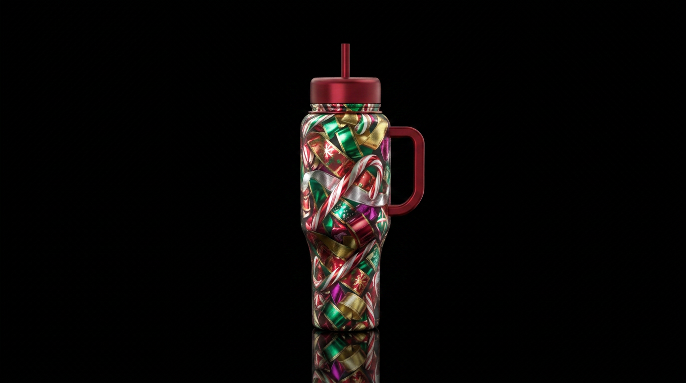 Metallic holiday candy ribbons water bottle design