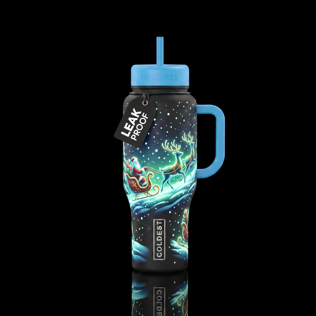 Glowie sleigh ride with falling snow water bottle design