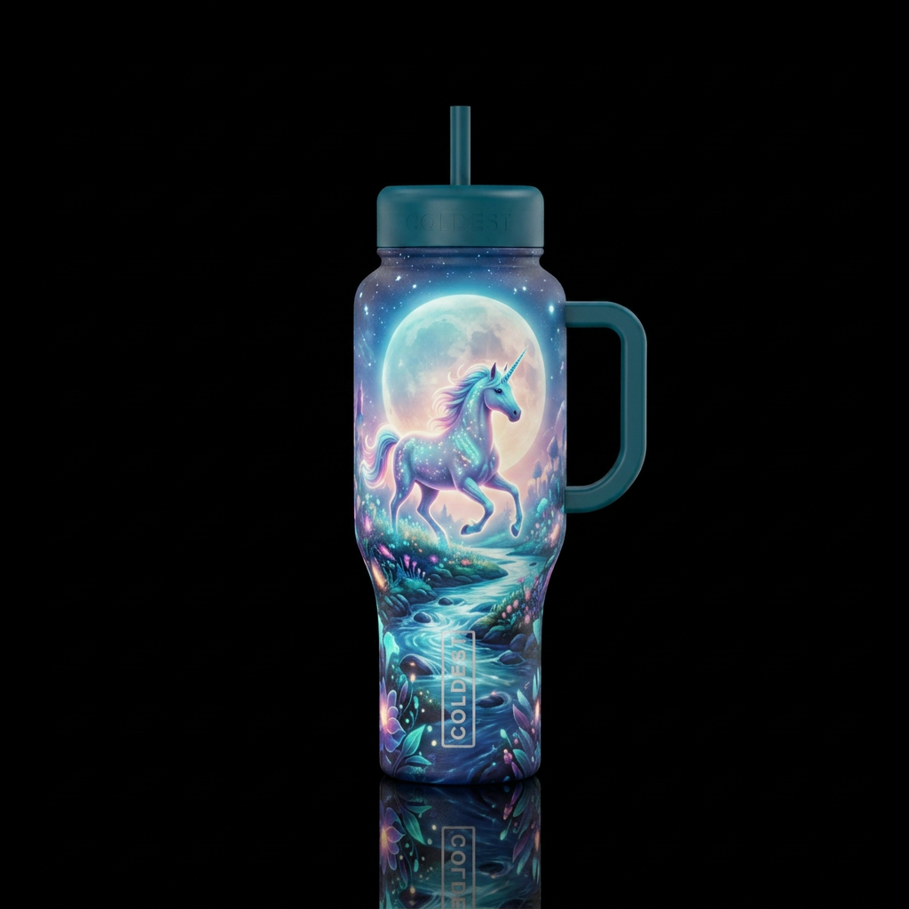 Glowie unicorn running in garden beside river unde... water bottle design