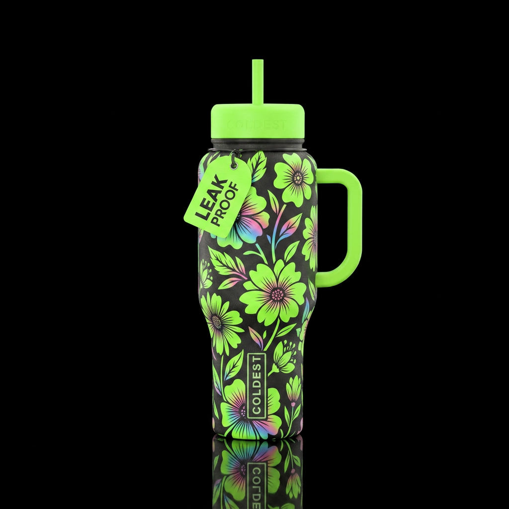 Neon green rainbow floral water bottle design