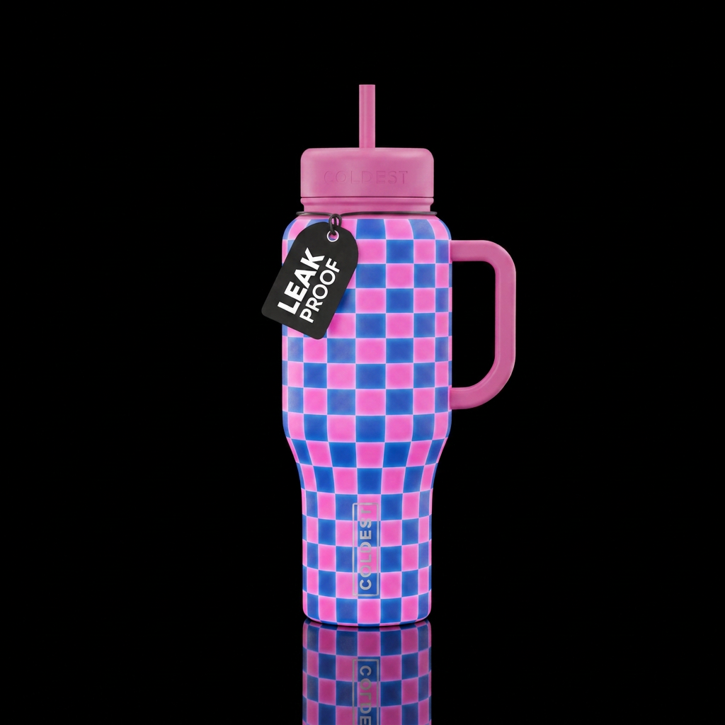 Glowie pink and blue checkers water bottle design