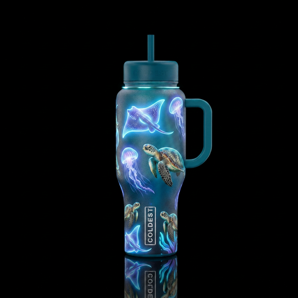 Glowie Stingrays and jellyfish with turtles water bottle design