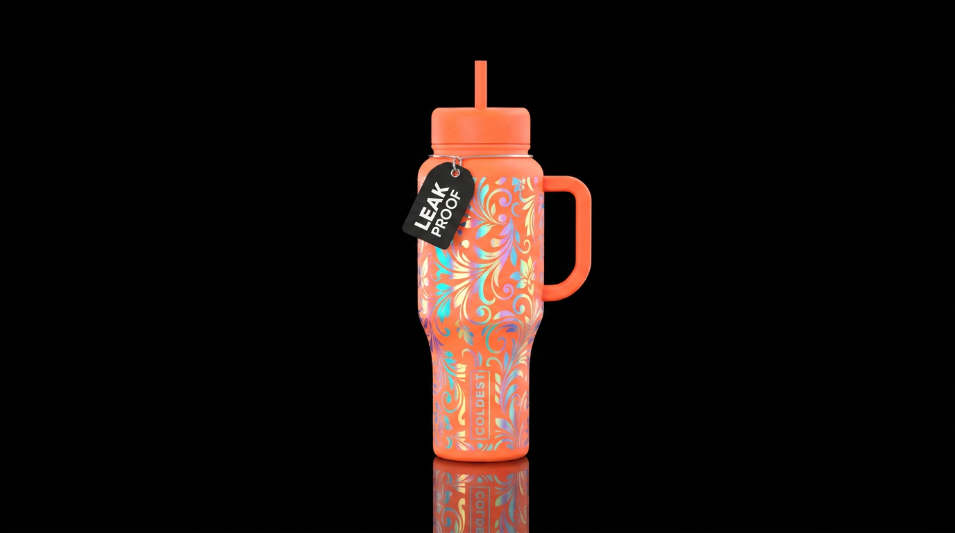 Neon orange with holographic floral filigree water bottle design