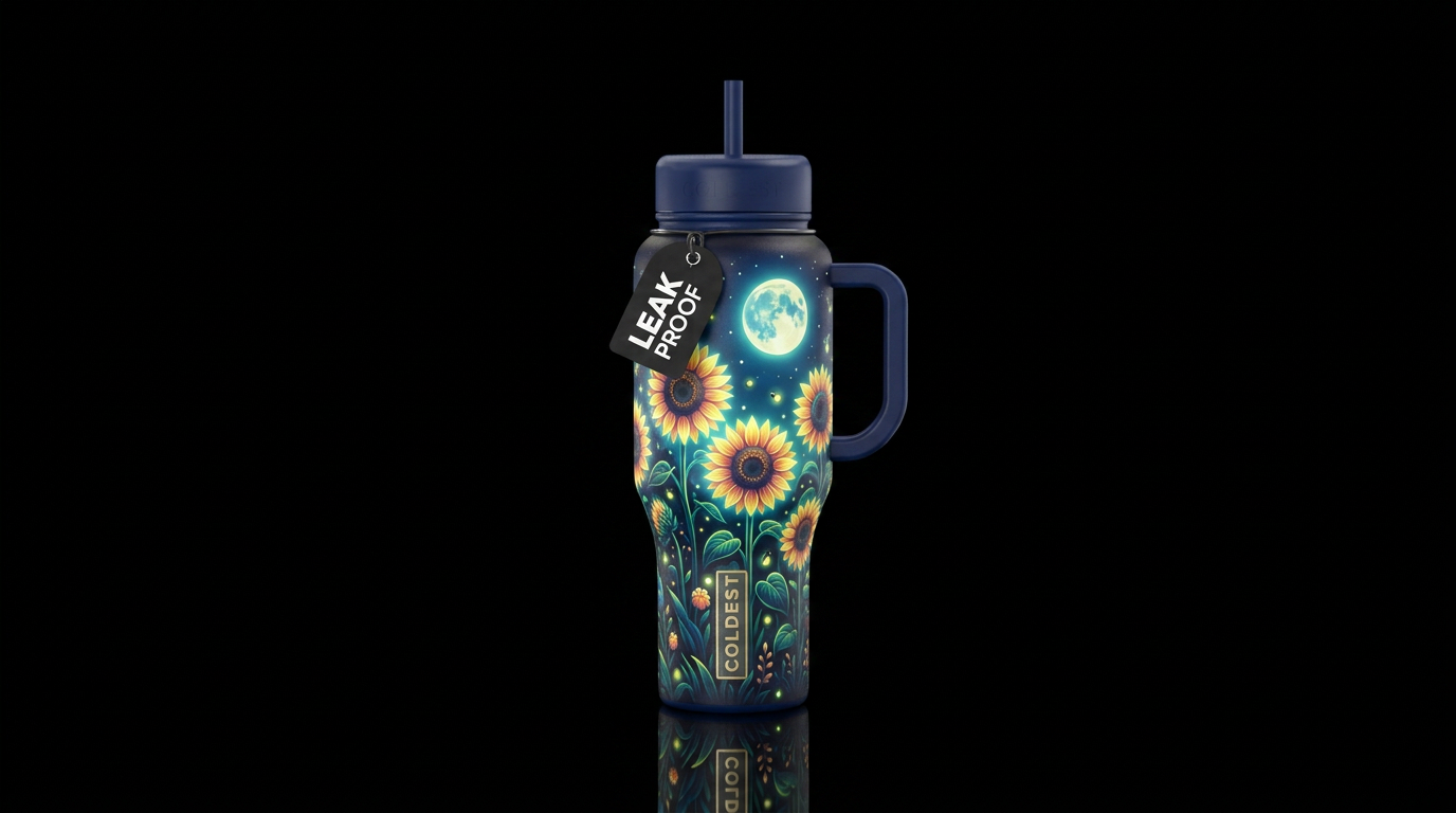 Glowie sunflower garden under full moon water bottle design