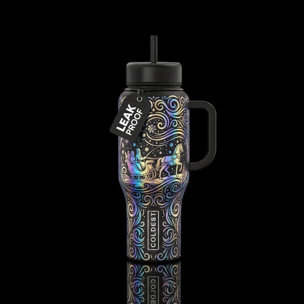 Black with holographic snow blizzard, swirls, and ... water bottle design