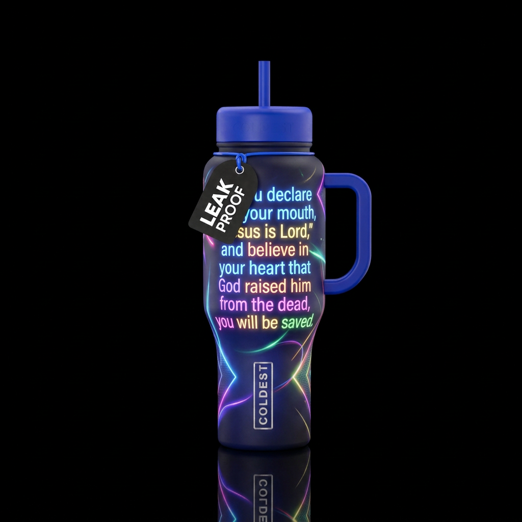 Romans 10:9 Bible verse glowie water bottle design
