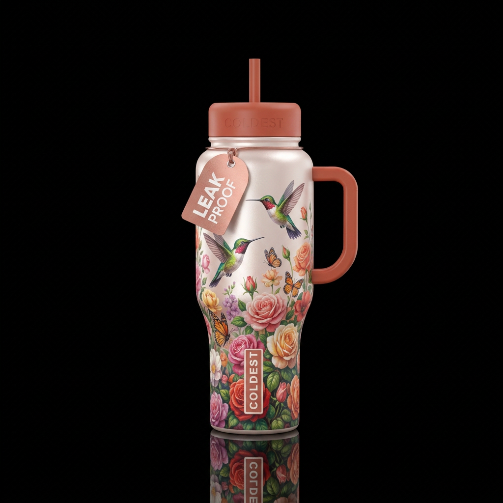 Hummingbirds and butterflies in a rose and flower ... water bottle design