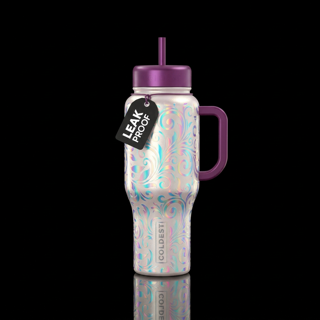 Pearl background with holographic floral filigree water bottle design