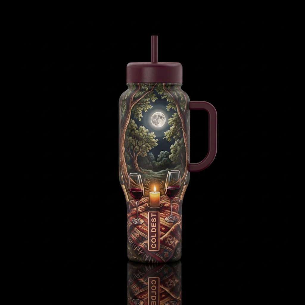 Blanket with wine and wineglasses and candle light... water bottle design