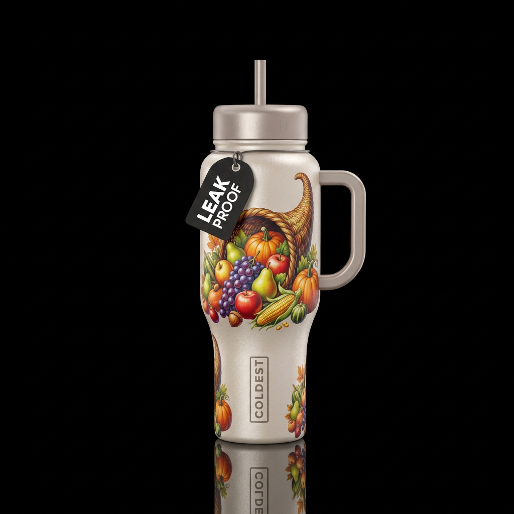 Fall cornucopia with fruits and vegetables with pe... water bottle design