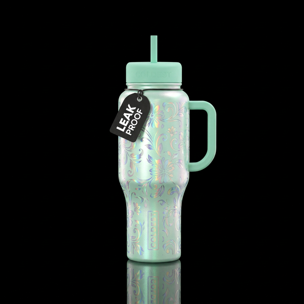 Pearly mint green background with holographic flor... water bottle design