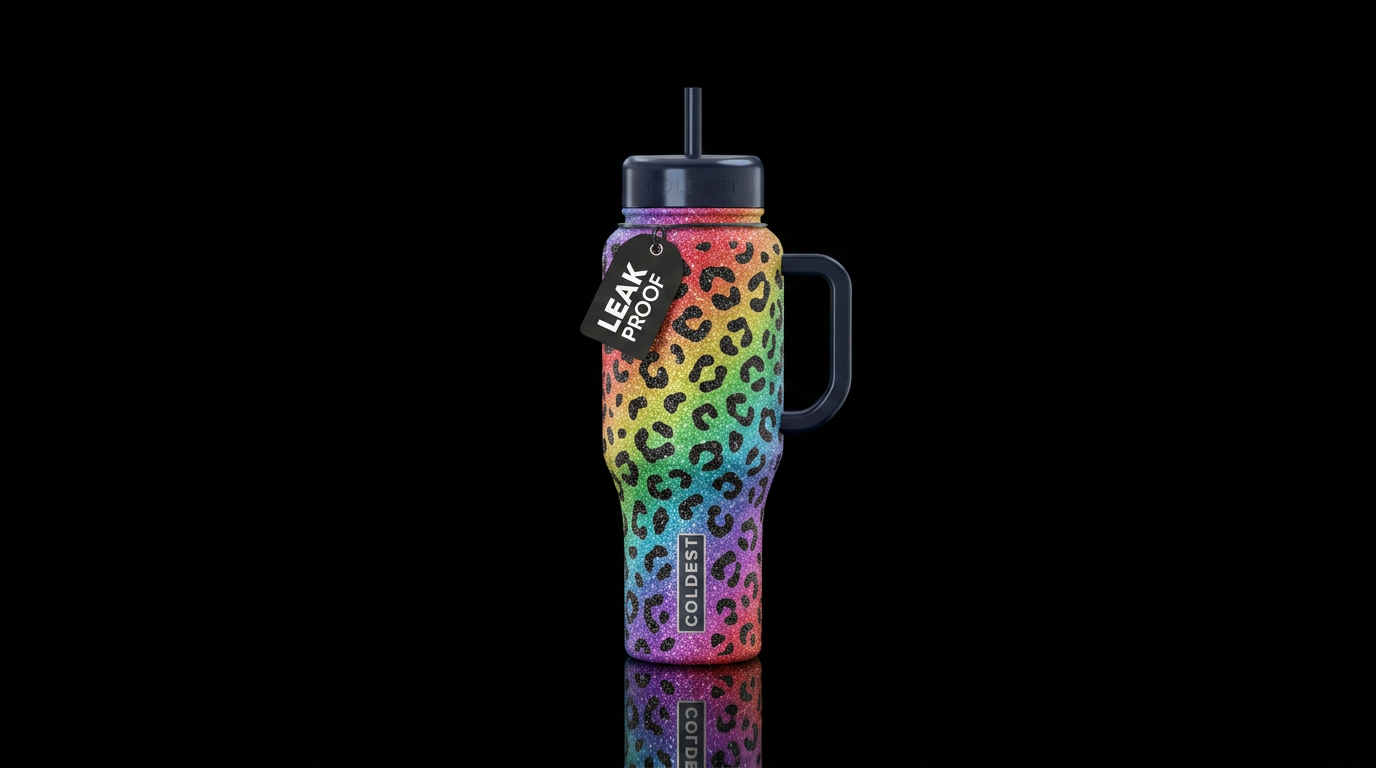 Glittery rainbow background with glittery black ch... water bottle design