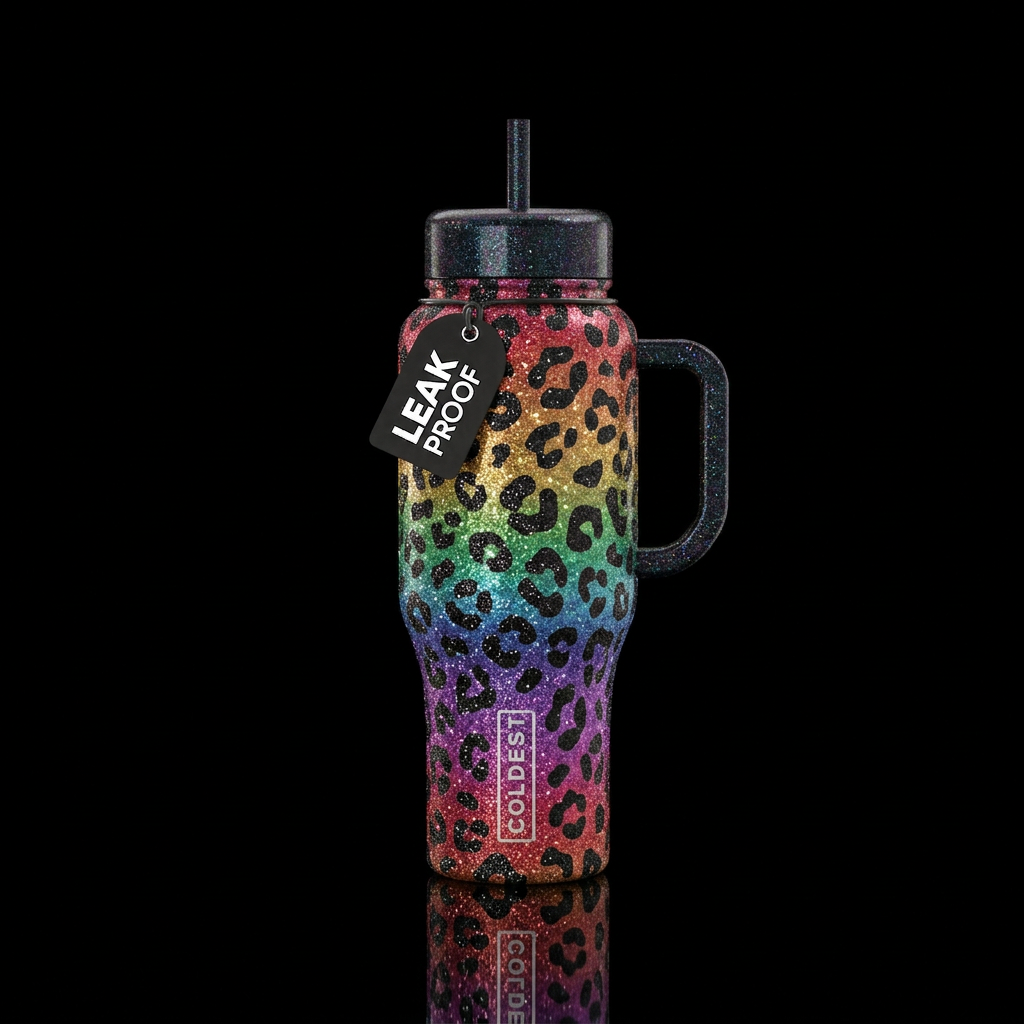Glittery rainbow background with glittery black ch... water bottle design