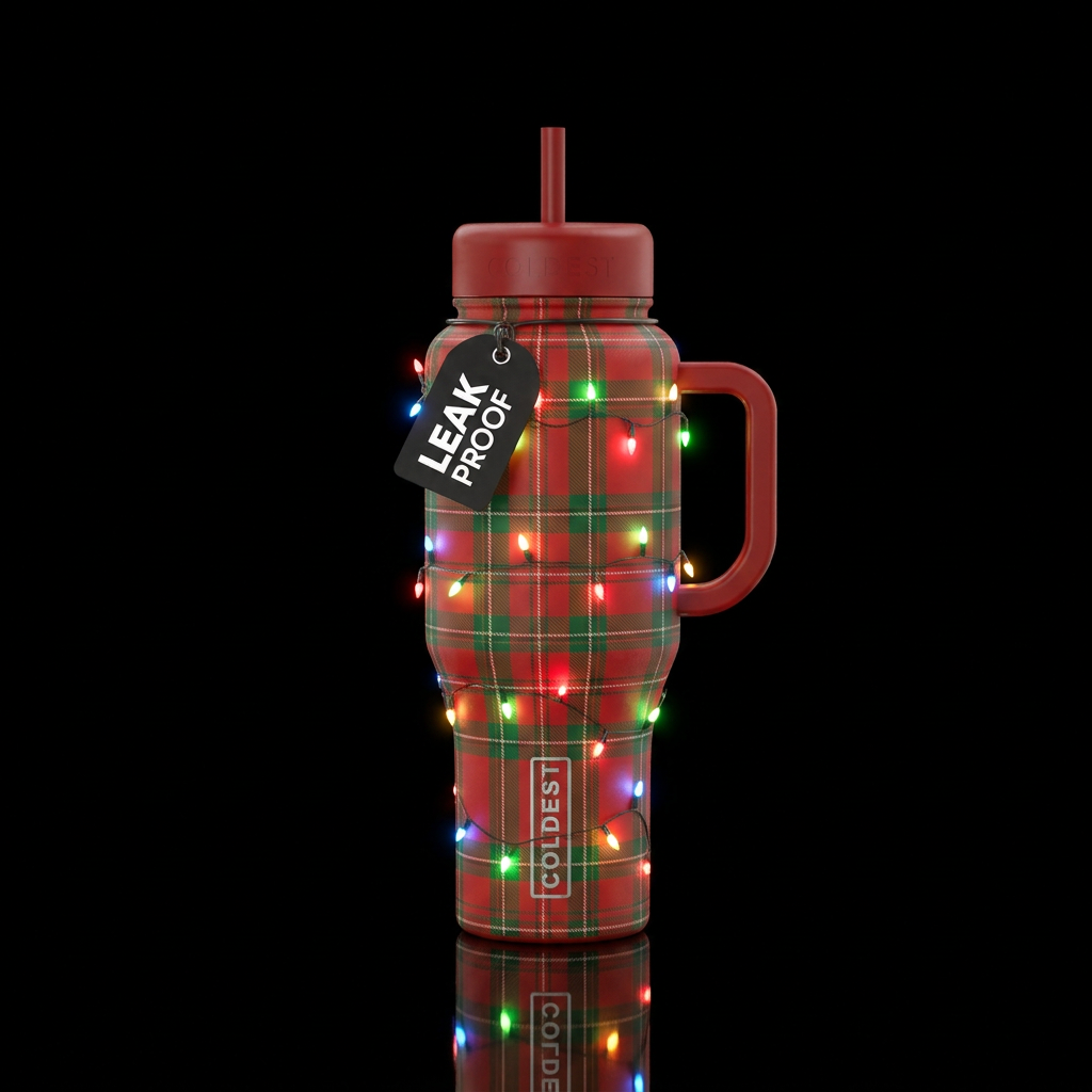 Glowie Christmas lights and plaid wrapping paper water bottle design