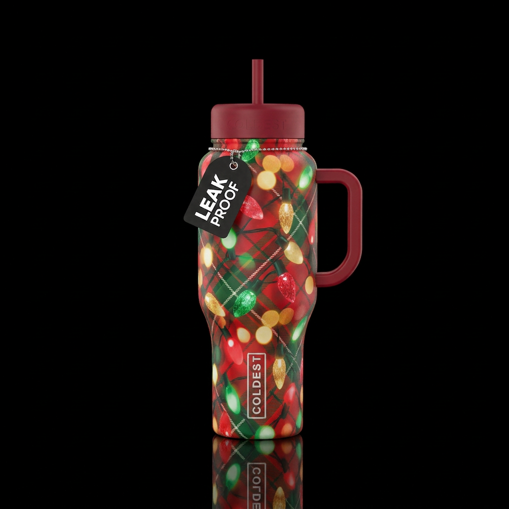 Glowie Christmas lights and plaid wrapping paper water bottle design