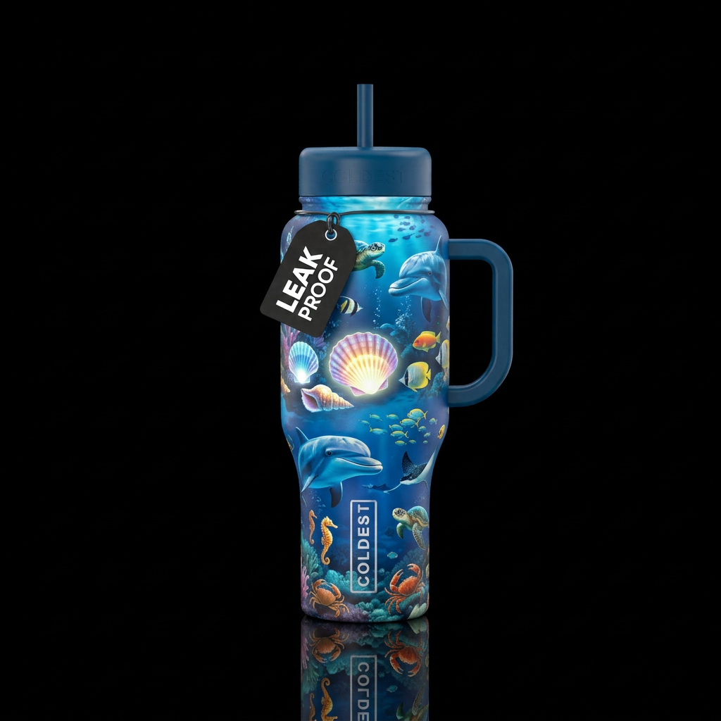 Glowie seashells on the ocean floor with dolphins ... water bottle design